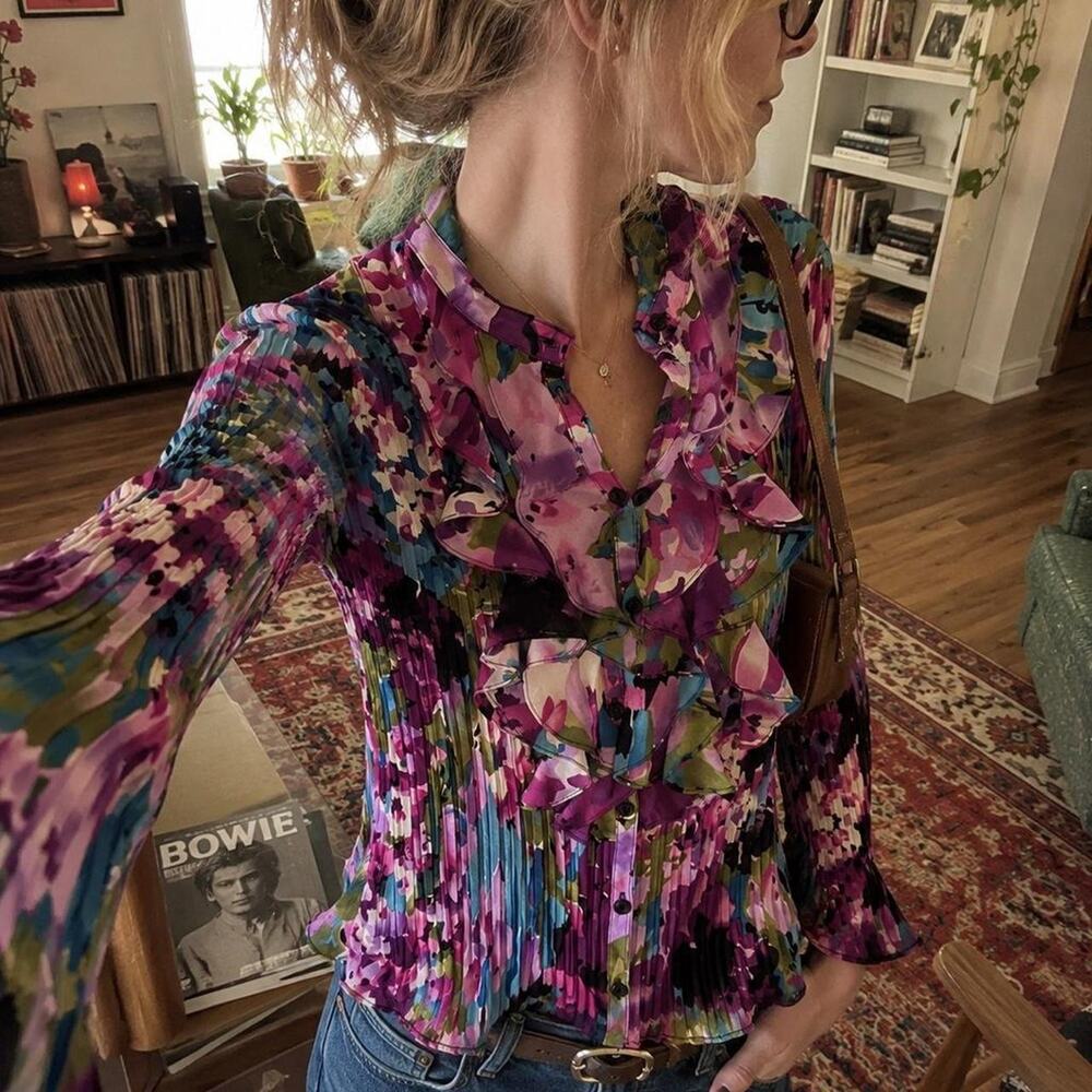 Vintage Petite Sophisticate Floral Pleated Ruffle Blouse Bell Sleeve XS